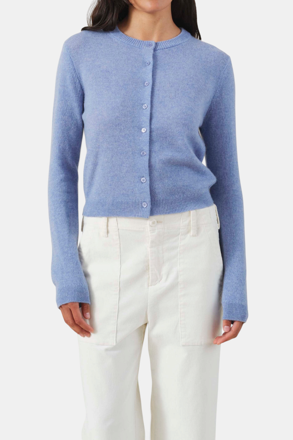 The Copper Shed Aylina blue cashmere cardigan with crew neck, button-front closure, and ribbed trim.
