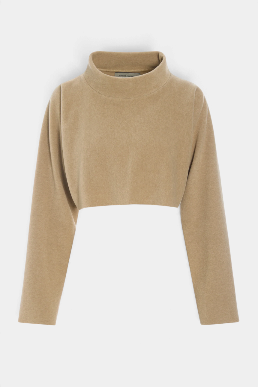 The Copper Shed Henriette Steffensen beige cropped fleece pullover with a soft roll neck and long sleeves.