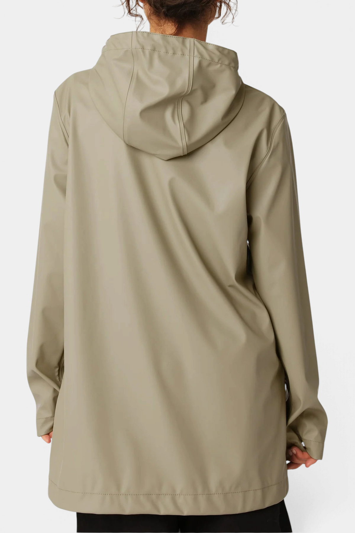 The Copper Shed light beige rubberized raincoat with a hood, featuring a straight fit and welded seams.