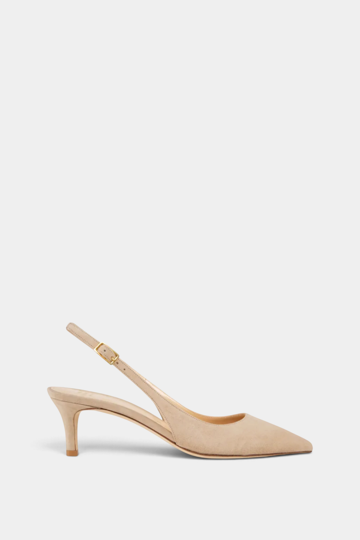The Copper Shed beige kid suede kitten heel slingback with pointed toe, buckle strap, and 50mm covered heel.