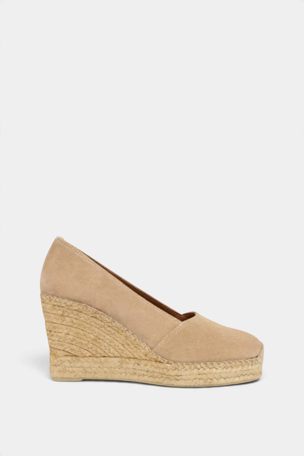 The Copper Shed Colina beige suede wedge espadrille with traditional jute sole and split-front design.