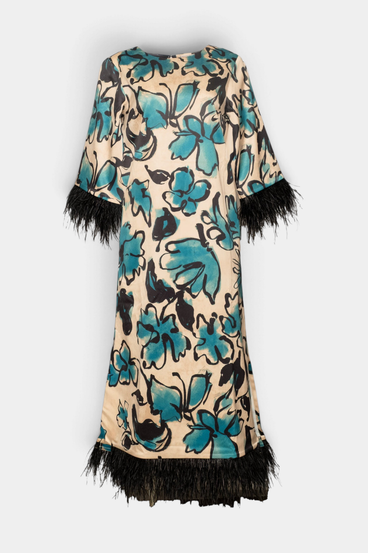 The Copper Shed Belle Maxi Dress in Abstract Meadow print with long sleeves, faux-feather cuffs, and hem detailing.