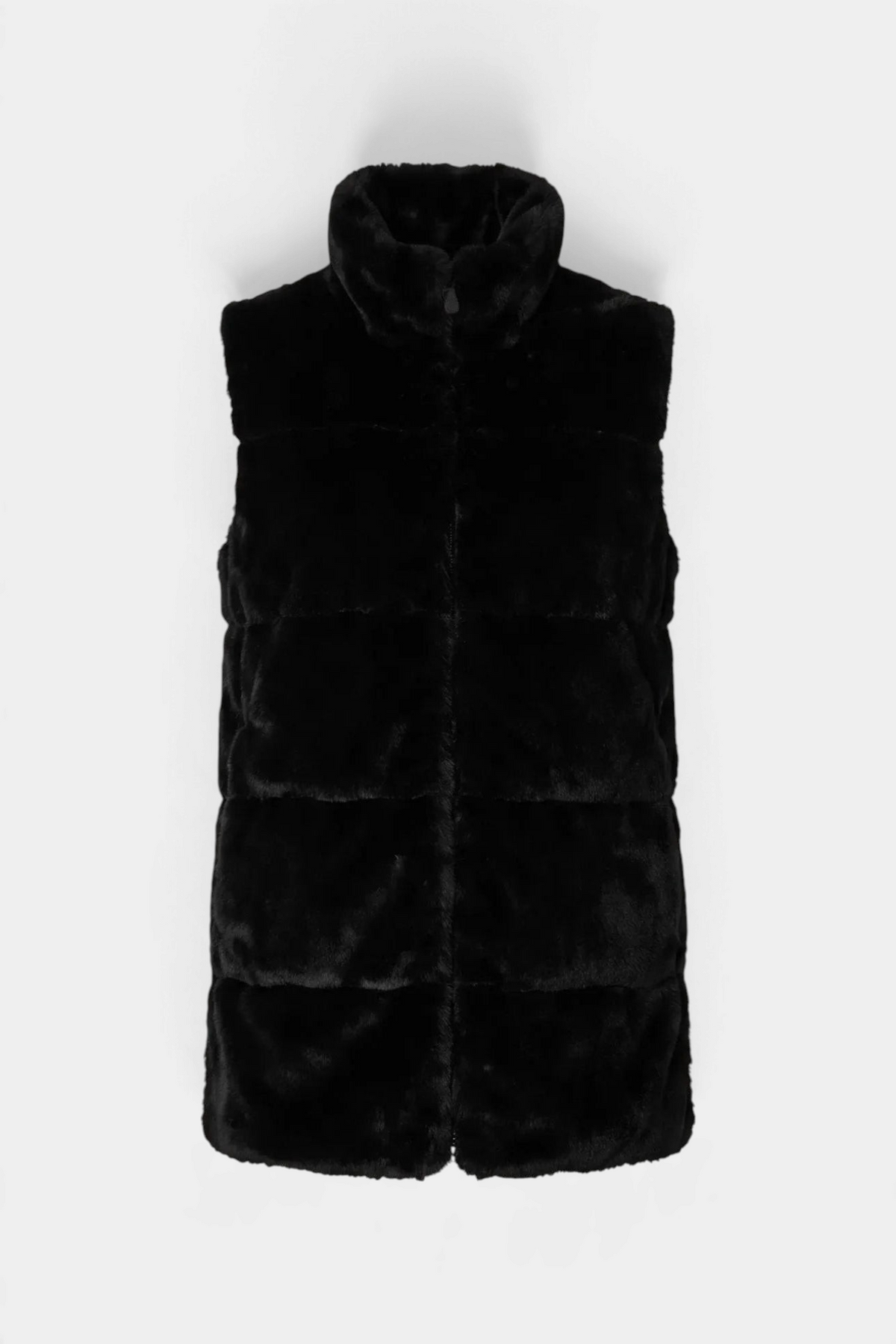 The Copper Shed Nives reversible black faux fur vest with a stand-up collar and quilted texture.