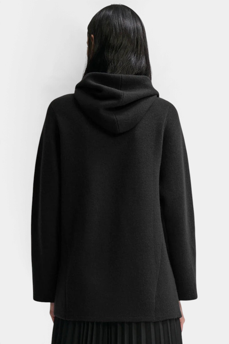 The Copper Shed St Germaine black merino wool and cashmere hooded shawl cardigan, back view
