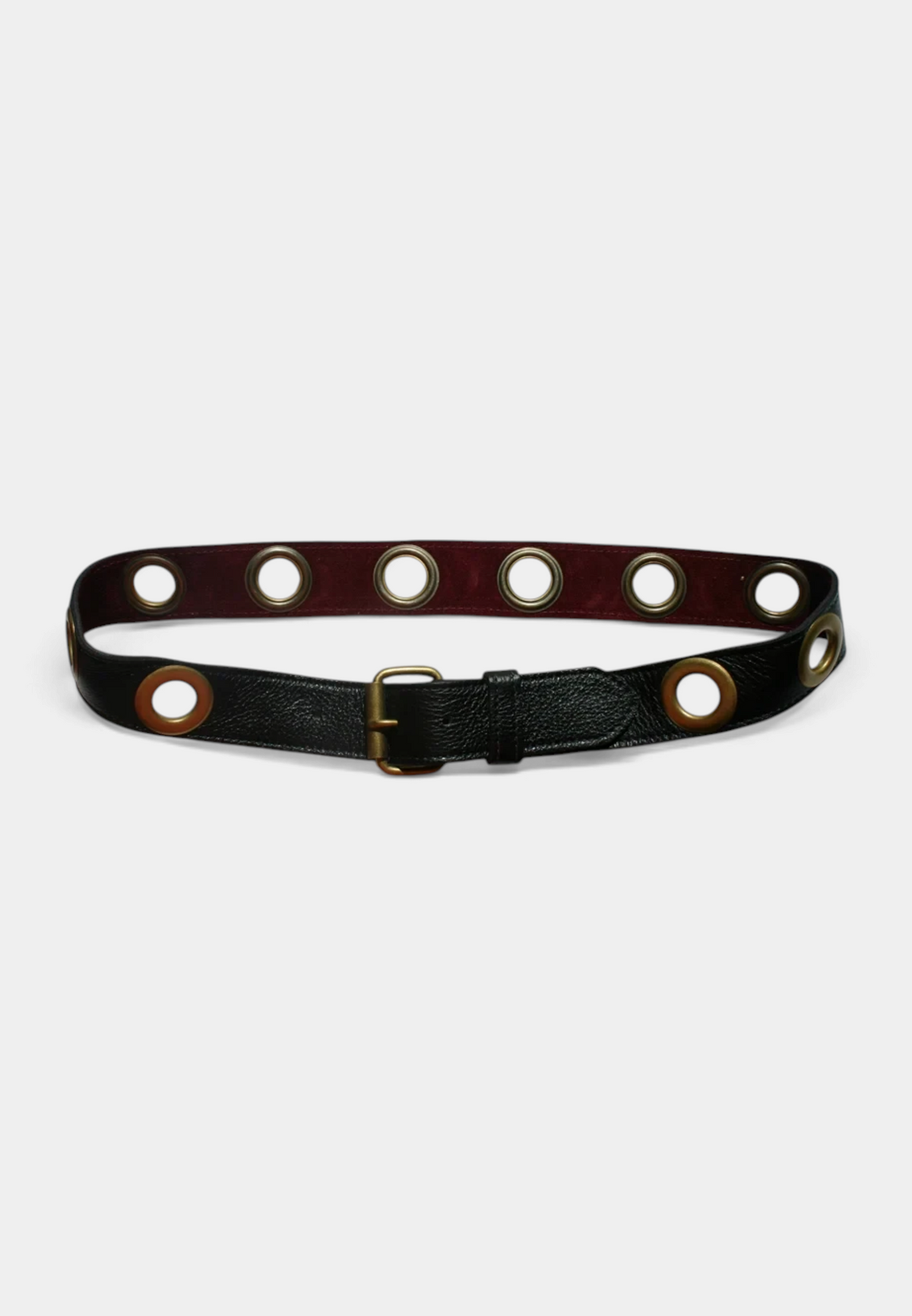 The Copper Shed black leather grommet belt with gold hardware and burgundy suede backing