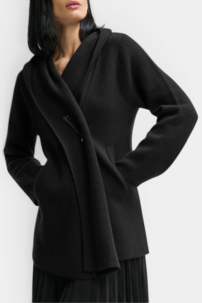 The Copper Shed black merino wool and cashmere hooded shawl cardigan with a pearl drop pin closure