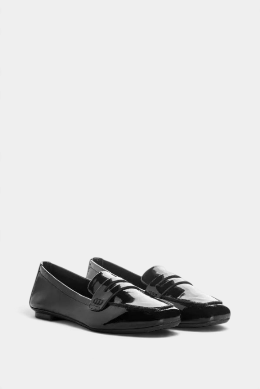 The Copper Shed Hema black patent leather loafers with a square toe, low heel, and classic stitch detailing.