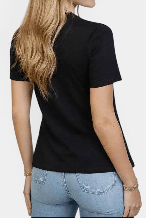 The Copper Shed black short sleeve Pima cotton tee with gathered shoulder detail, shown from the back on a model.