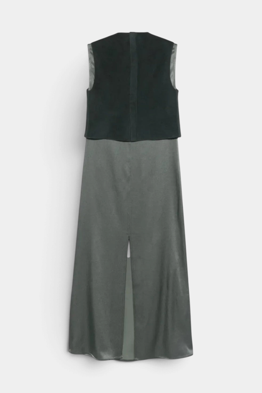 The Copper Shed black sleeveless satin shift dress with a back slit detail