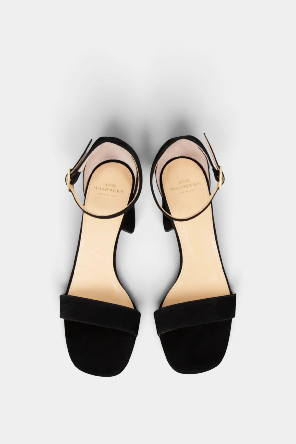 The Copper Shed black Italian calf suede ankle-wrap block heel sandals with a 70mm heel and buckle closure.