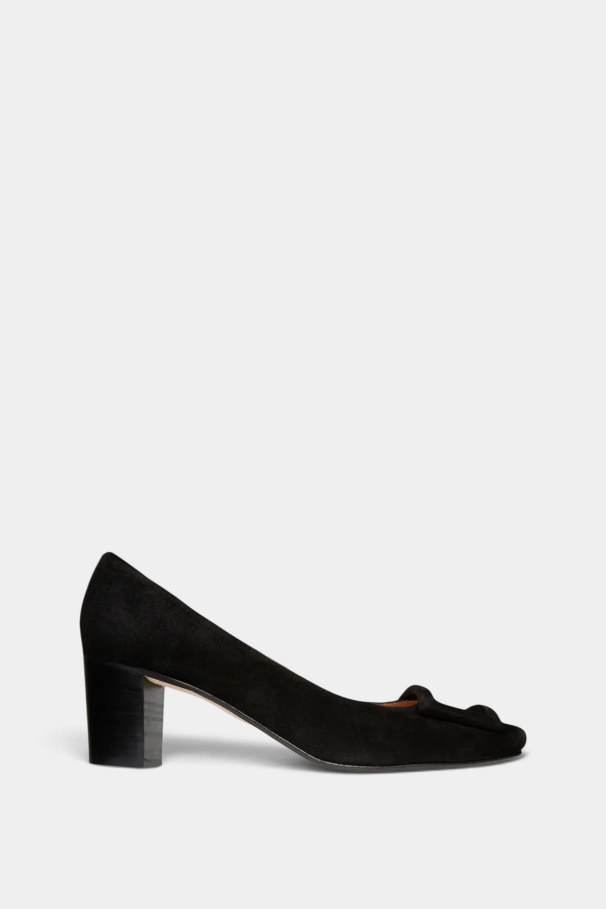 The Copper Shed Buckle Heel in black suede with a 2-inch stacked heel and a classic covered buckle detail.