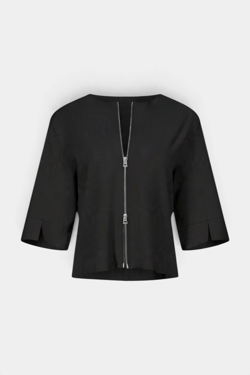 The Copper Shed Edith black washed suede jacket with a front zip closure and three-quarter length sleeves.