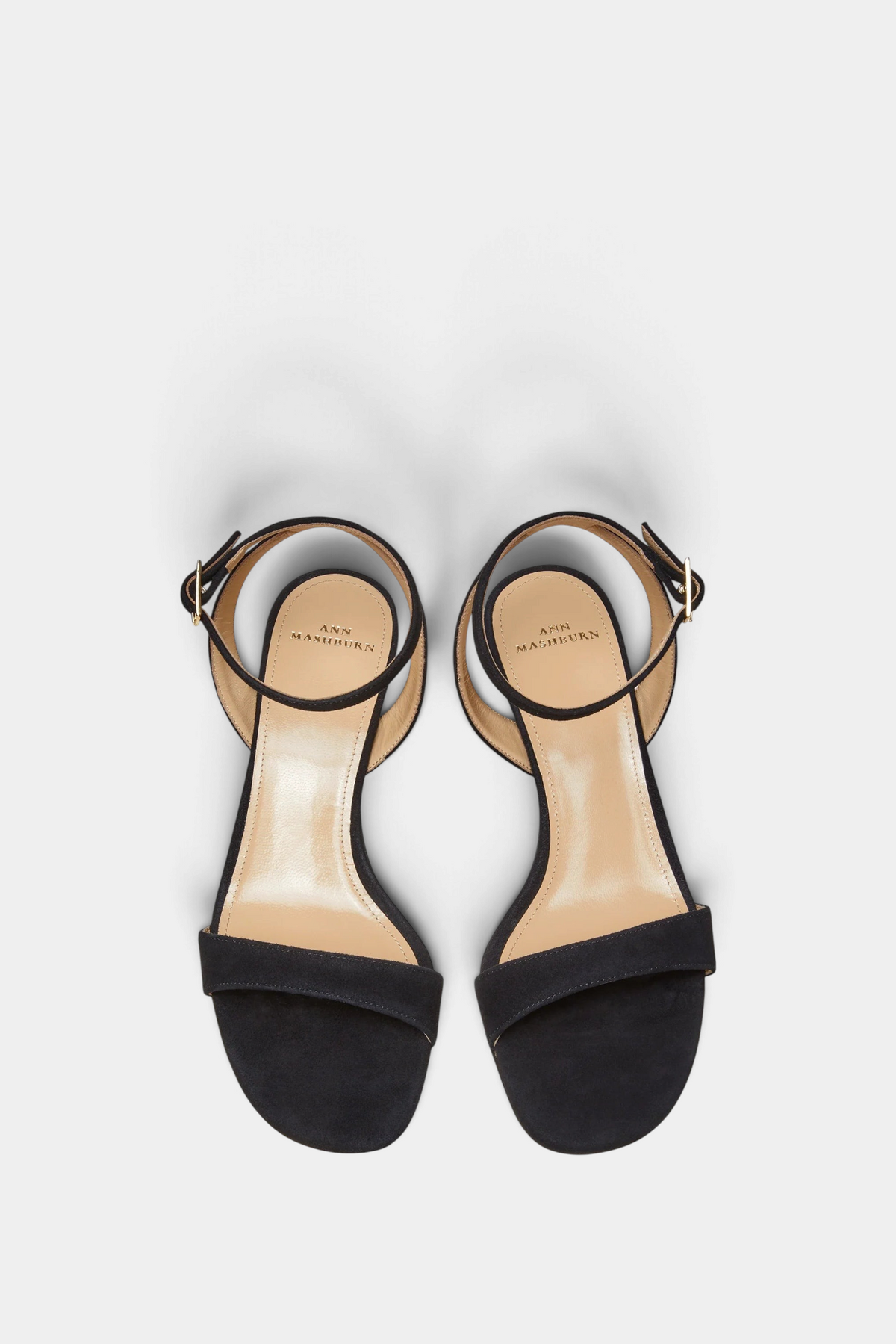The Copper Shed black Italian calf suede ankle wrap kitten heel sandals with buckle closure and leather lining
