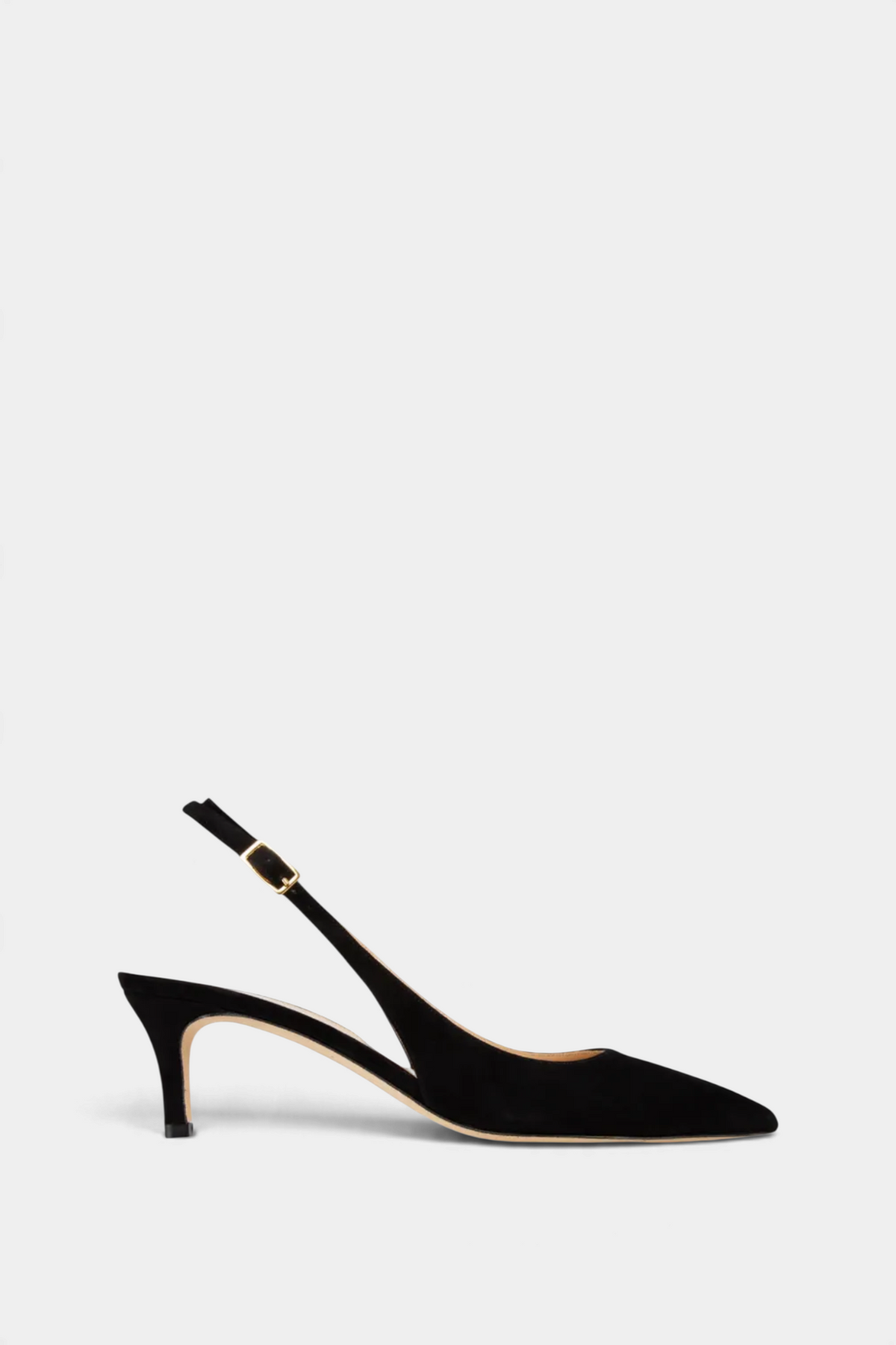 The Copper Shed black kid suede kitten heel slingback with a pointed toe, buckle strap, and 50mm covered heel.