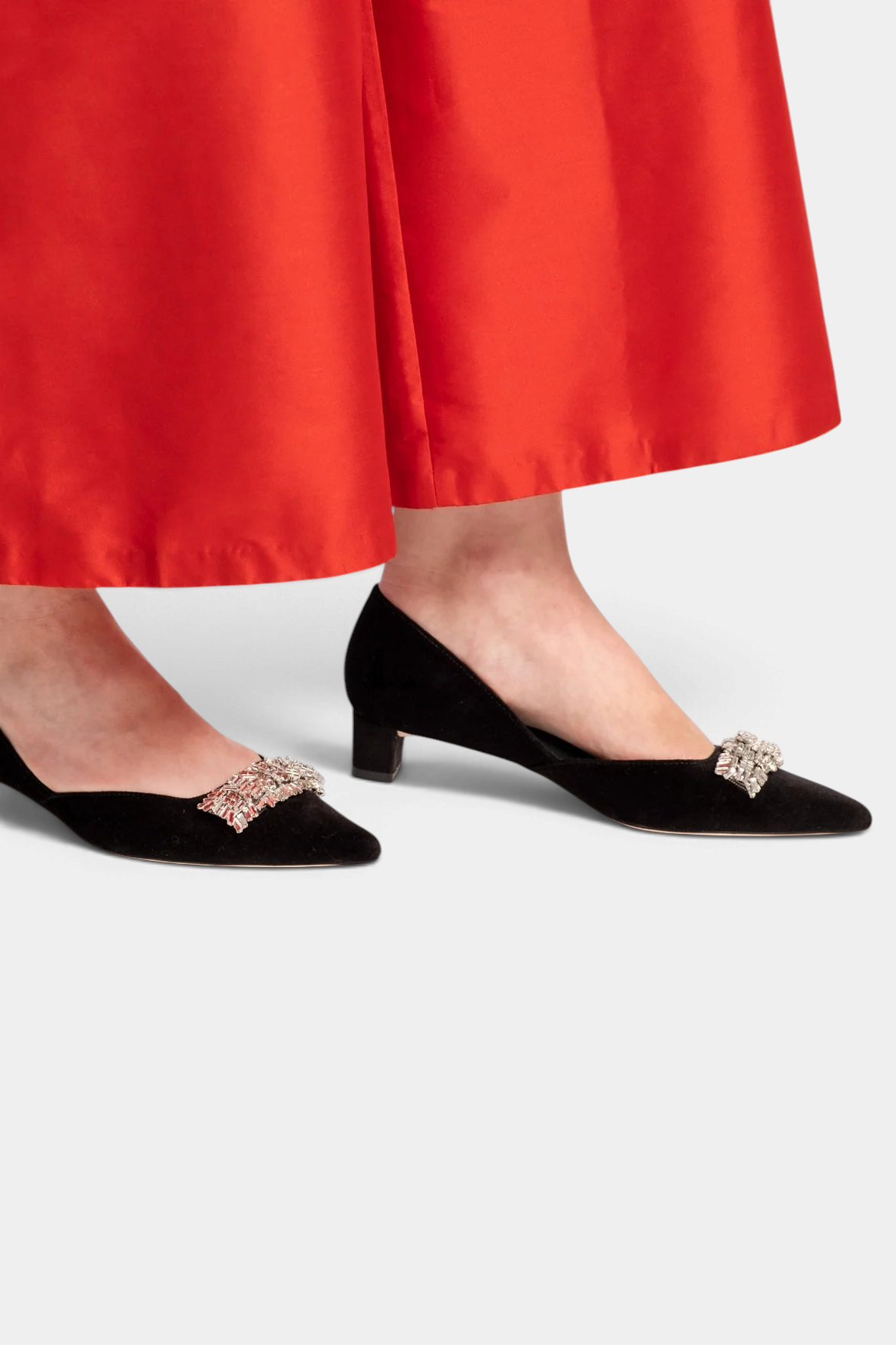 The Copper Shed Paula Mini Block Heel in black velvet with gemstone embellishments and a pointed-toe d'Orsay design.