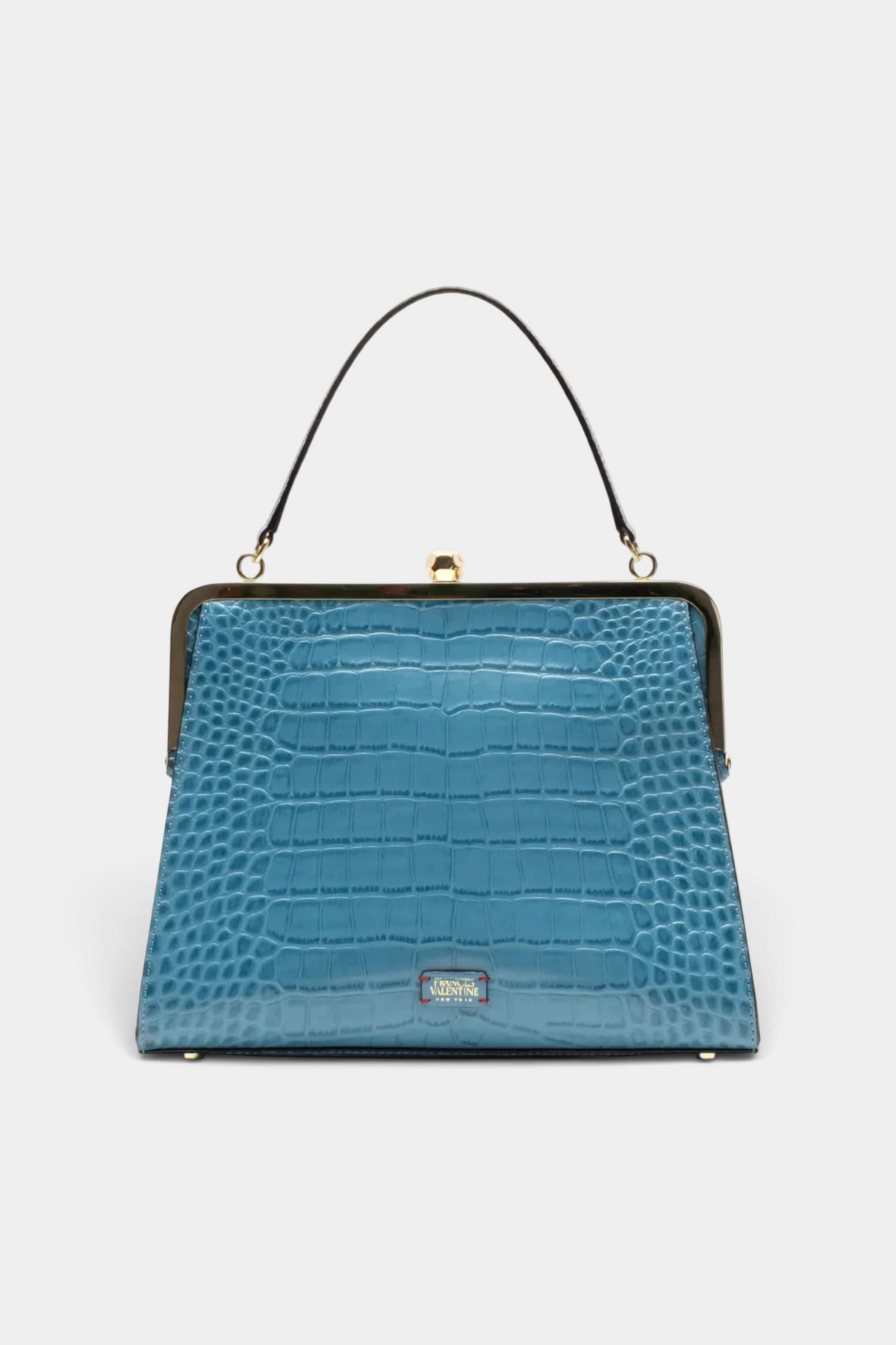 The Copper Shed Jackie Frame bag in blue croc-embossed leather with a vintage kiss-lock closure and top handle.