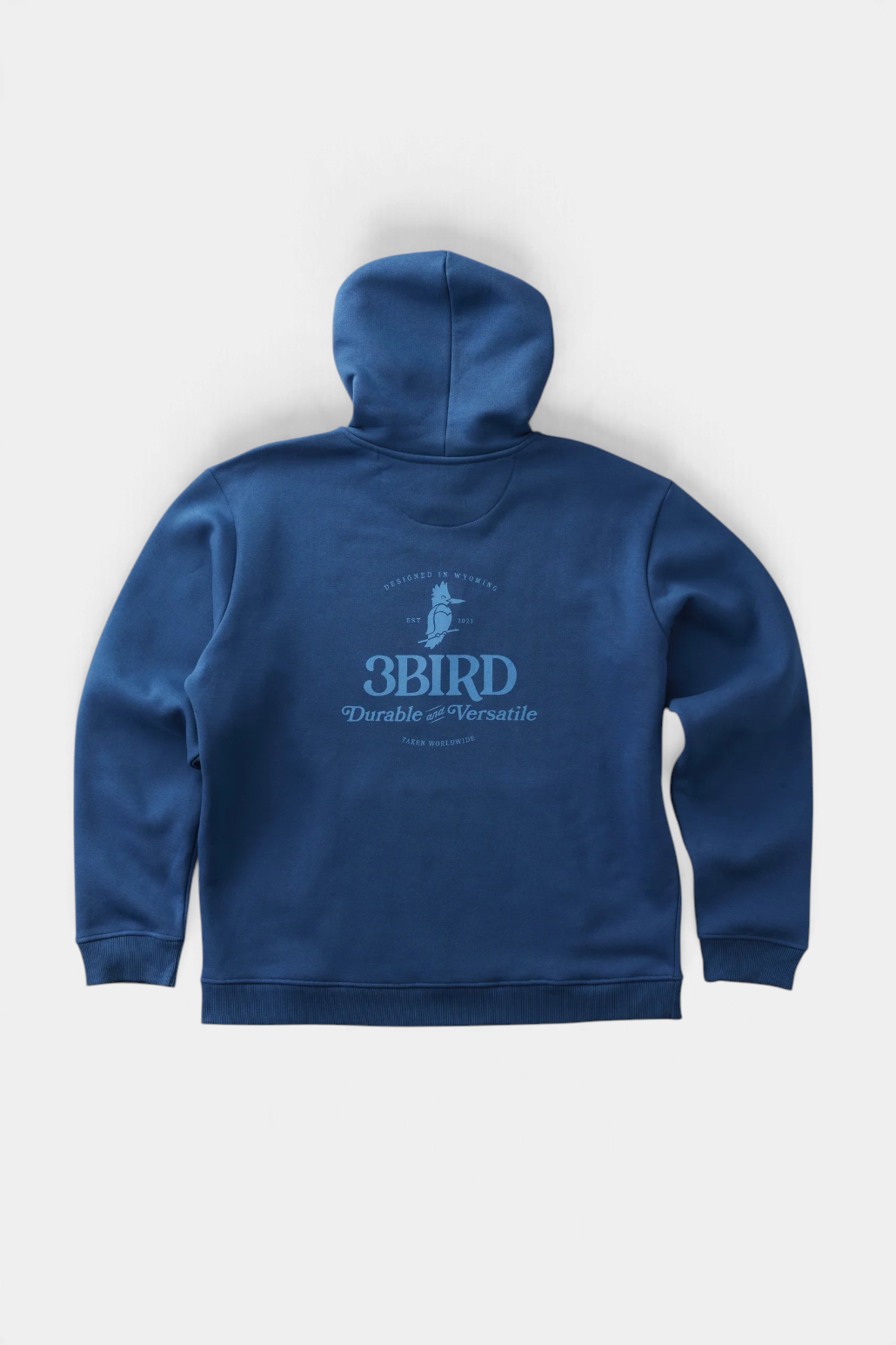 The Copper Shed 3B Heritage Hoodie in blue organic cotton blend with back logo graphic and relaxed fit