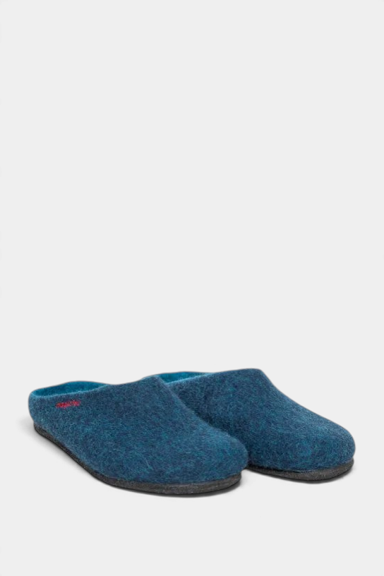 The Copper Shed Tyrolean felt slippers in blue Merino wool with a durable latex-coated sole for indoor and outdoor use