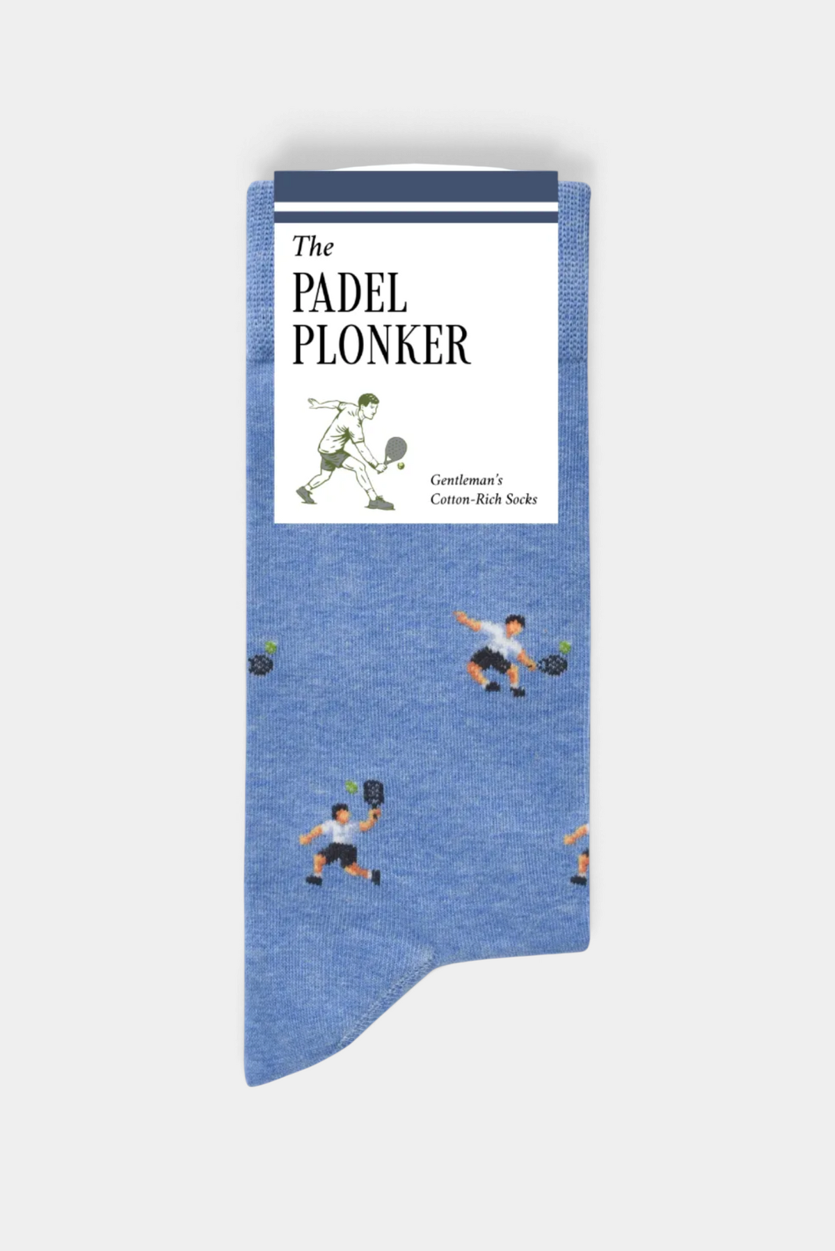 The Copper Shed blue cotton-rich novelty socks featuring a repeating padel player pattern for men.