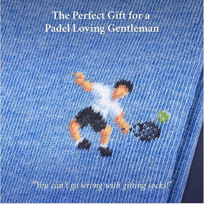The Copper Shed light blue cotton novelty socks featuring a small embroidered padel player graphic