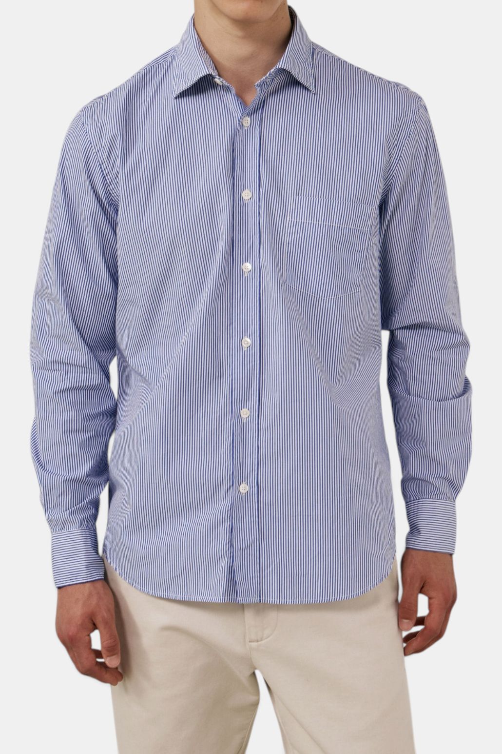 The Copper Shed blue and white striped cotton poplin shirt with a semi-spread collar and chest pocket.