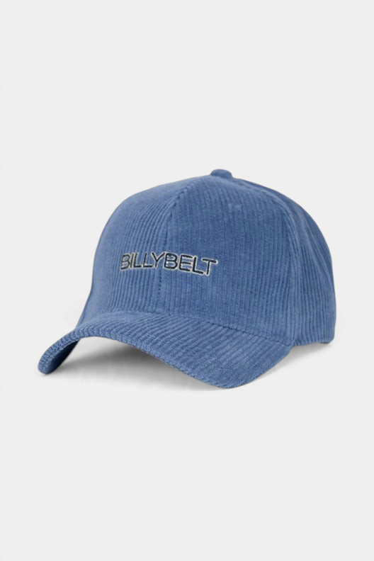The Copper Shed blue corduroy velvet cap with embroidered BILLYBELT logo and adjustable strap.