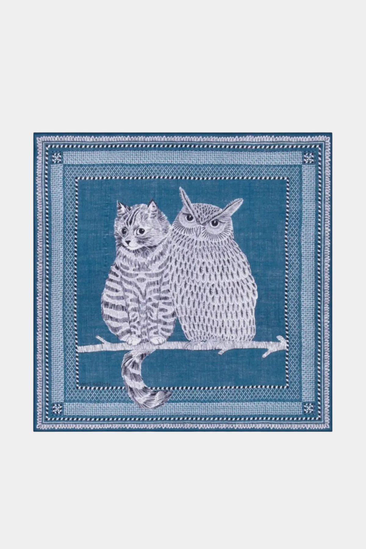 The Copper Shed Square 70 Chouette blue wool scarf featuring an embroidered cat and owl illustration on a branch.