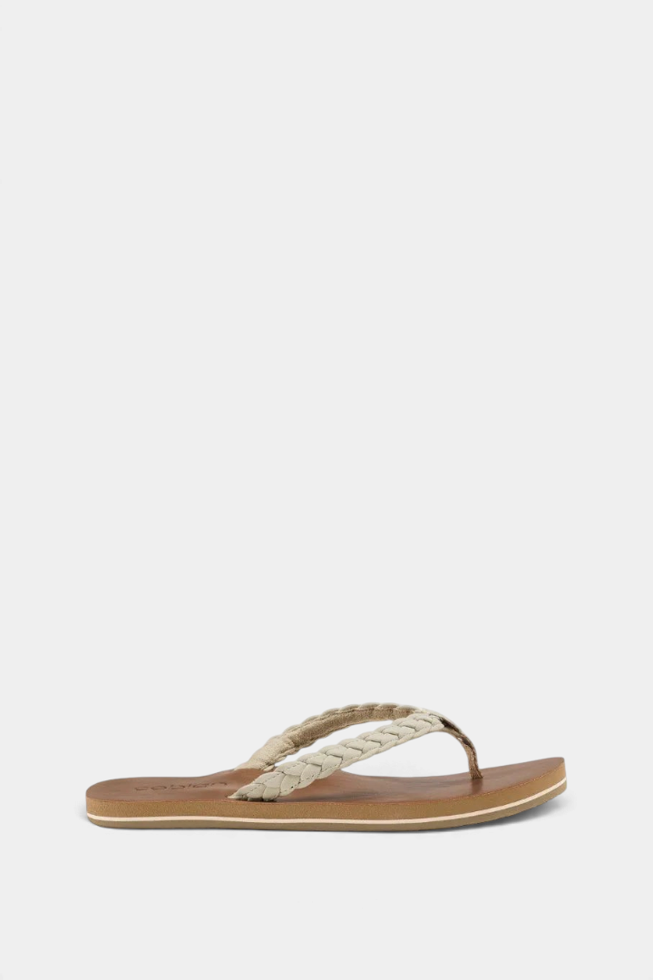 The Copper Shed Braided Pacifica flip flop in beige with a braided synthetic leather strap and arch support sole.