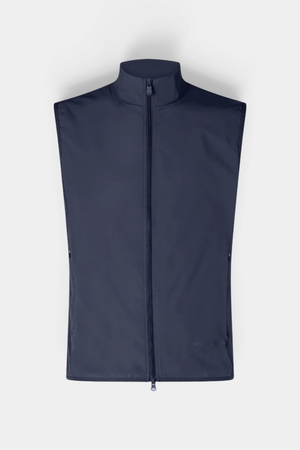 The Copper Shed Broderick mens navy blue nylon zip-up vest with a high collar and minimalist design