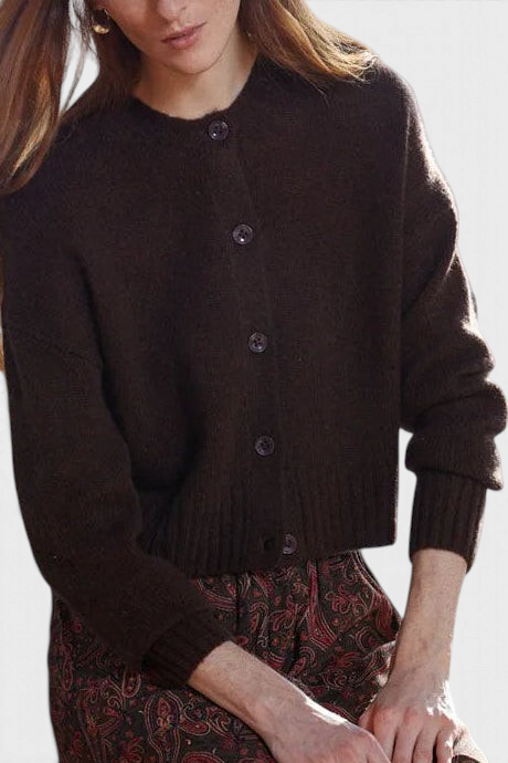 The Copper Shed dark brown merino wool and cashmere boxy cardigan with crew neck and ribbed trim
