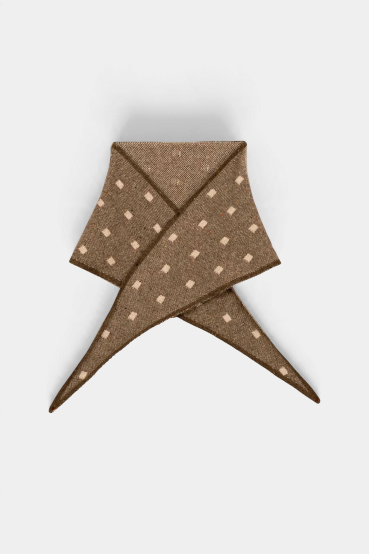 The Copper Shed Mia triangle neckerchief in brown organic cashmere with a subtle cream square pattern
