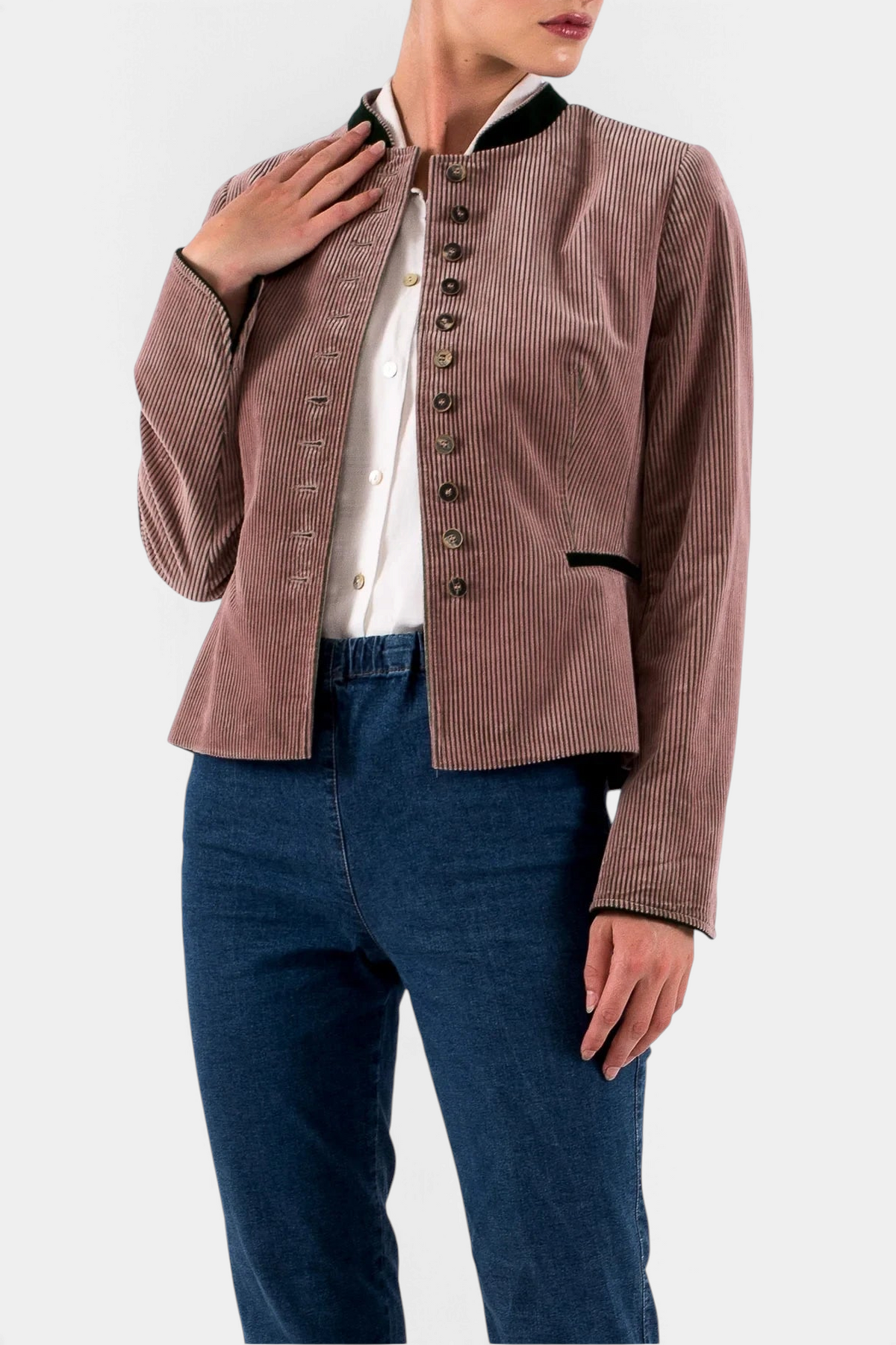 The Copper Shed women's brown corduroy Alpine blazer with a high collar and button-down front