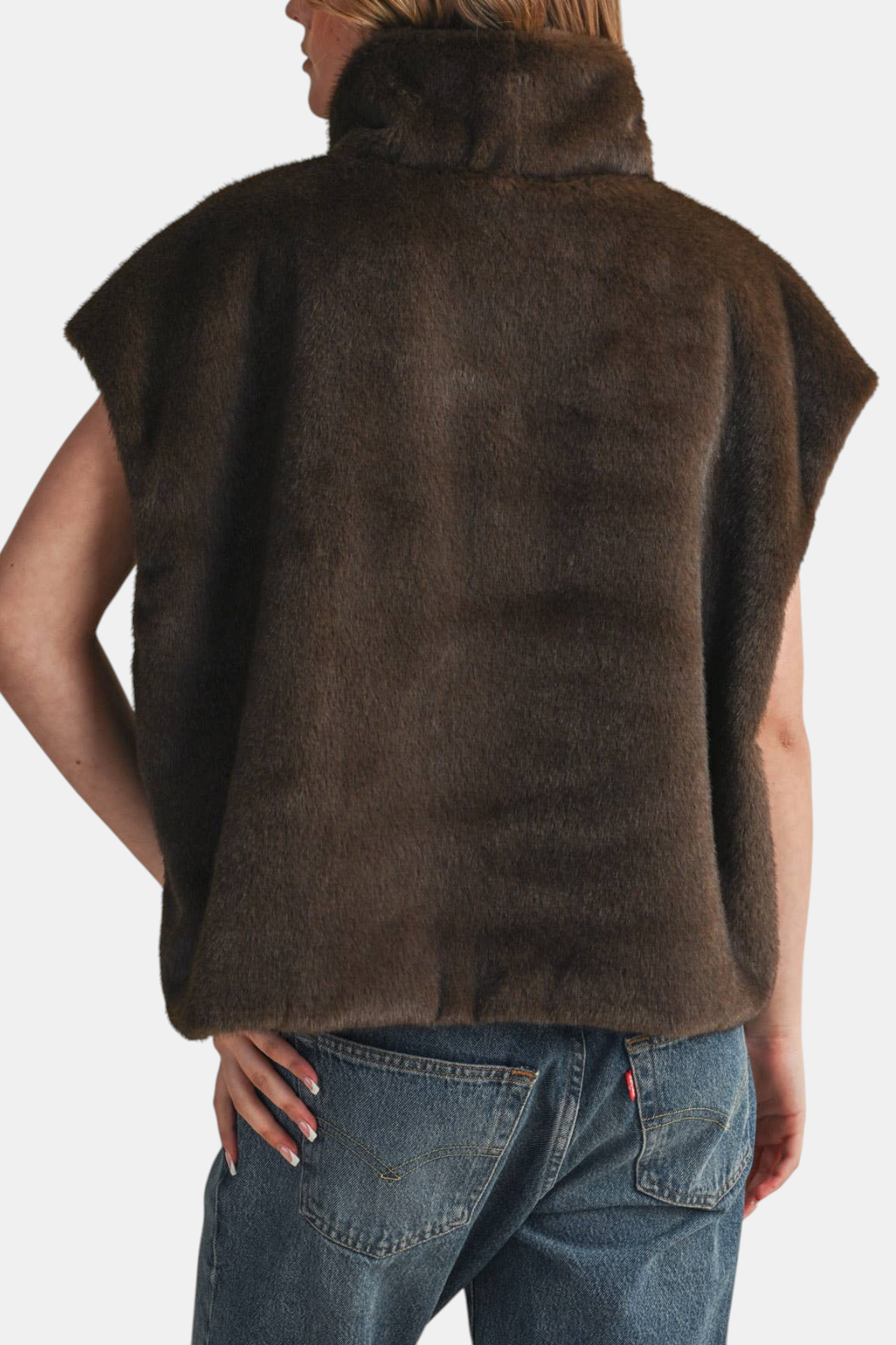 The Copper Shed brown faux fur turtleneck top with cap sleeves and a relaxed fit, shown from the back.