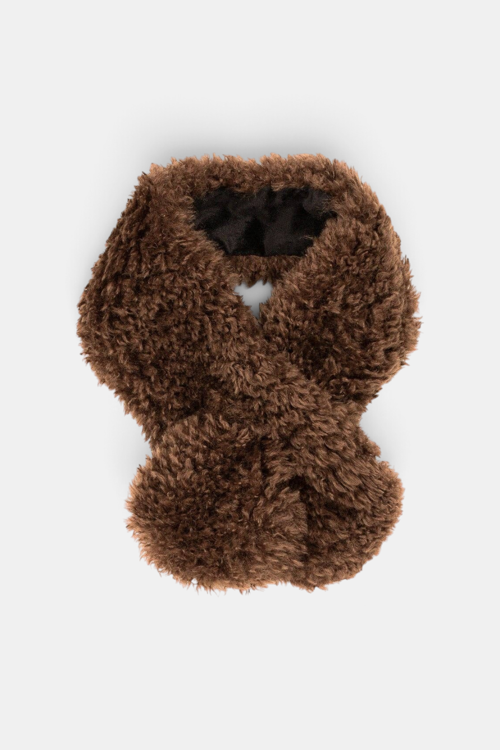 The Copper Shed Tiptop brown faux sheepskin scarf with a crossover tuck-through design and soft velvet lining.