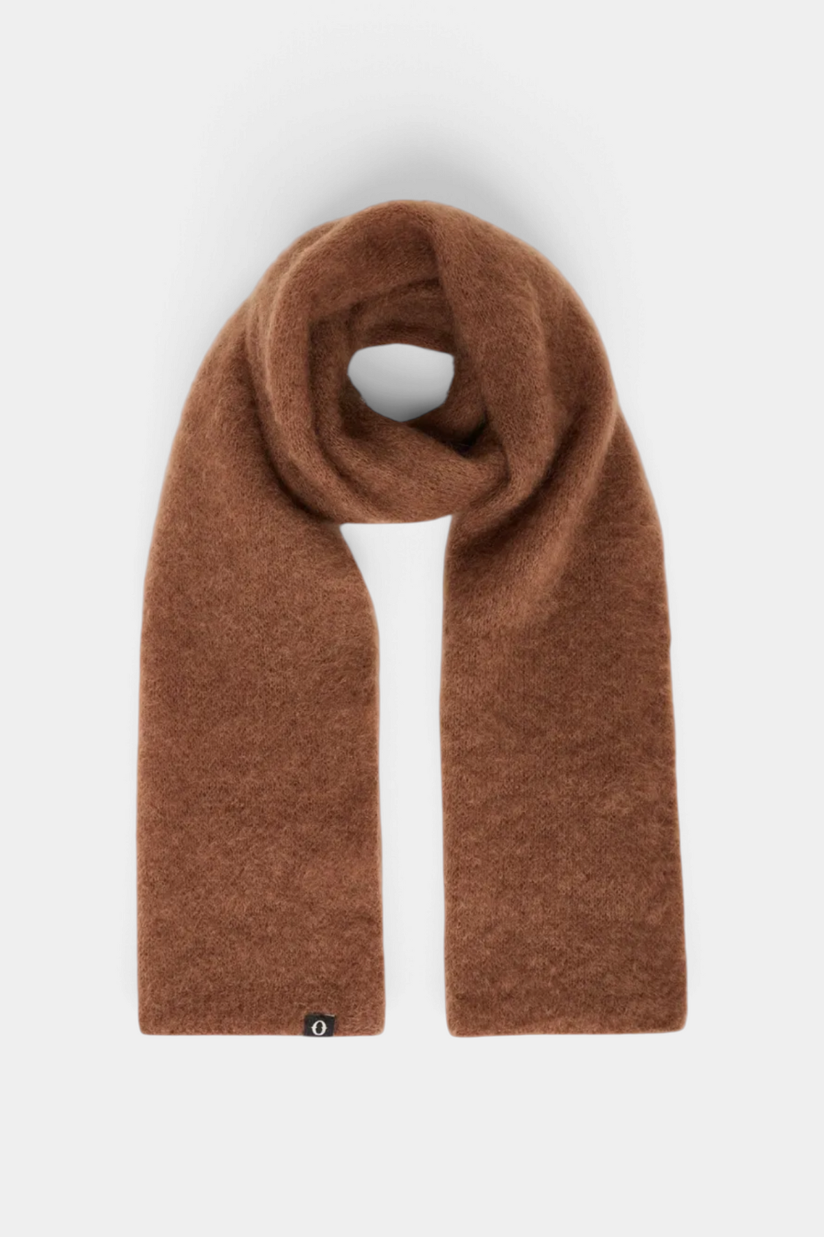 The Copper Shed oversized brown mohair blend scarf with a soft fuzzy texture and small branded tag.