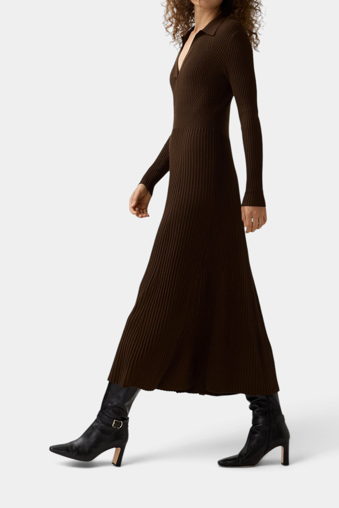 The Copper Shed Addie brown ribbed sweater dress with a johnny collar and flared skirt worn by a model.