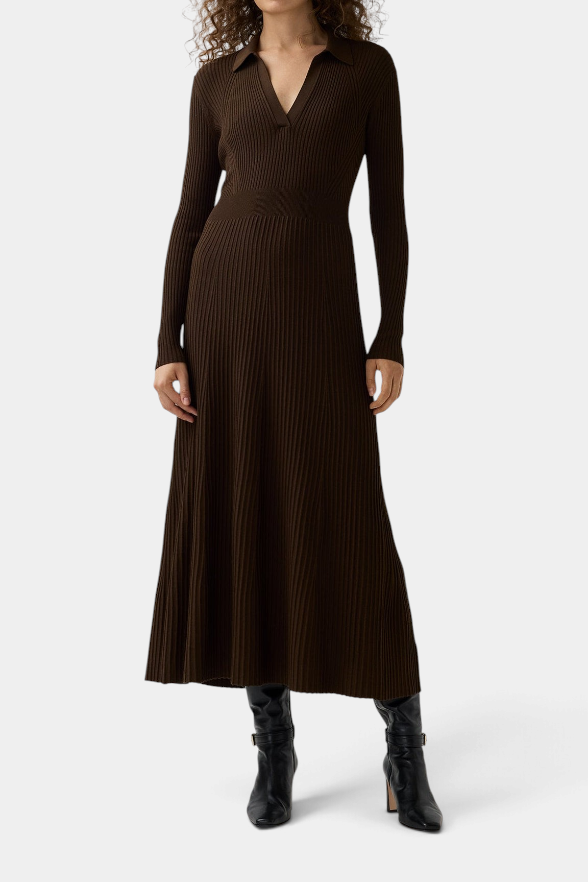 The Copper Shed Addie brown techno yarn sweater dress with a johnny collar and flared ribbed skirt on a model.