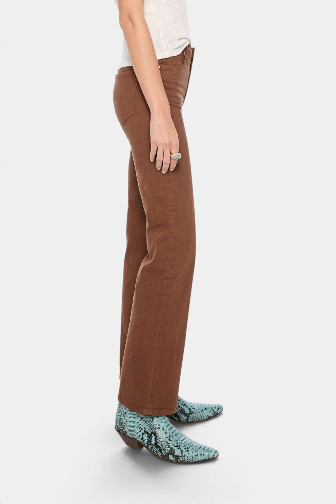 The Copper Shed The Kick It high-rise straight-leg pants in rich brown cotton worn with turquoise snakeskin boots