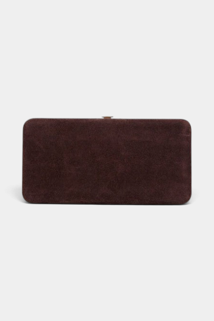 The Copper Shed Le Tabac brown suede clutch with a minimalist rectangular design and snap closure