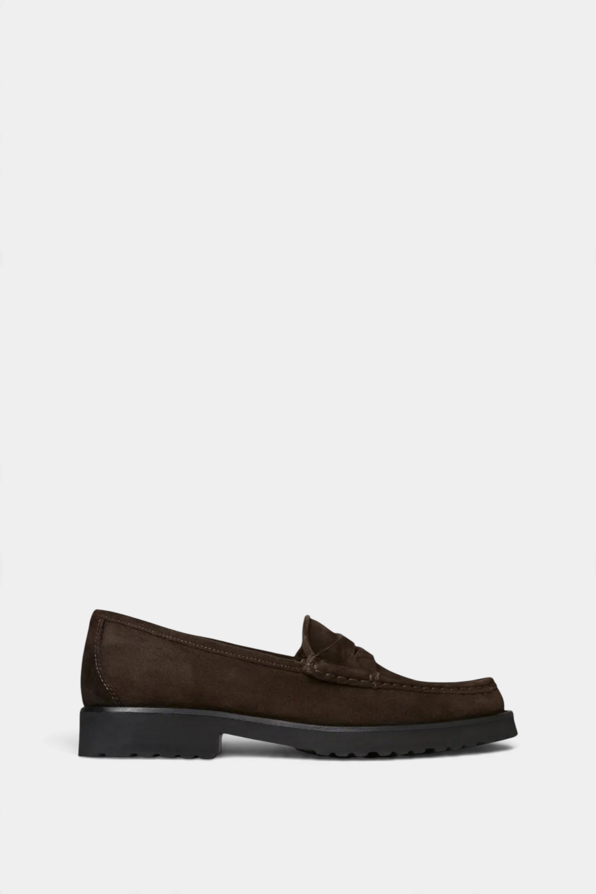 The Copper Shed brown suede penny loafer with a chunky lightweight lug sole, side view.