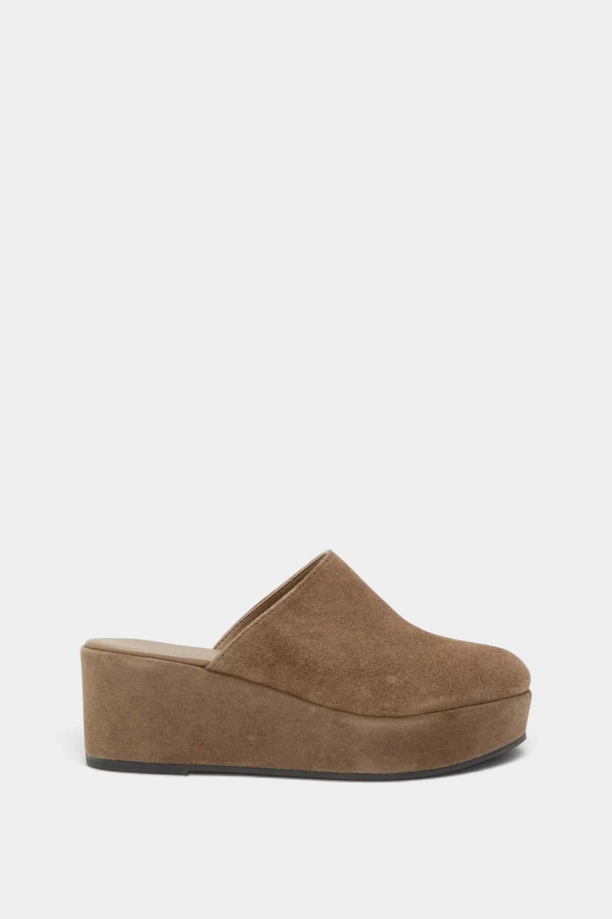 The Copper Shed Camryn brown suede slip-in wedge mule with a 2.25-inch heel and comfortable leather footbed.