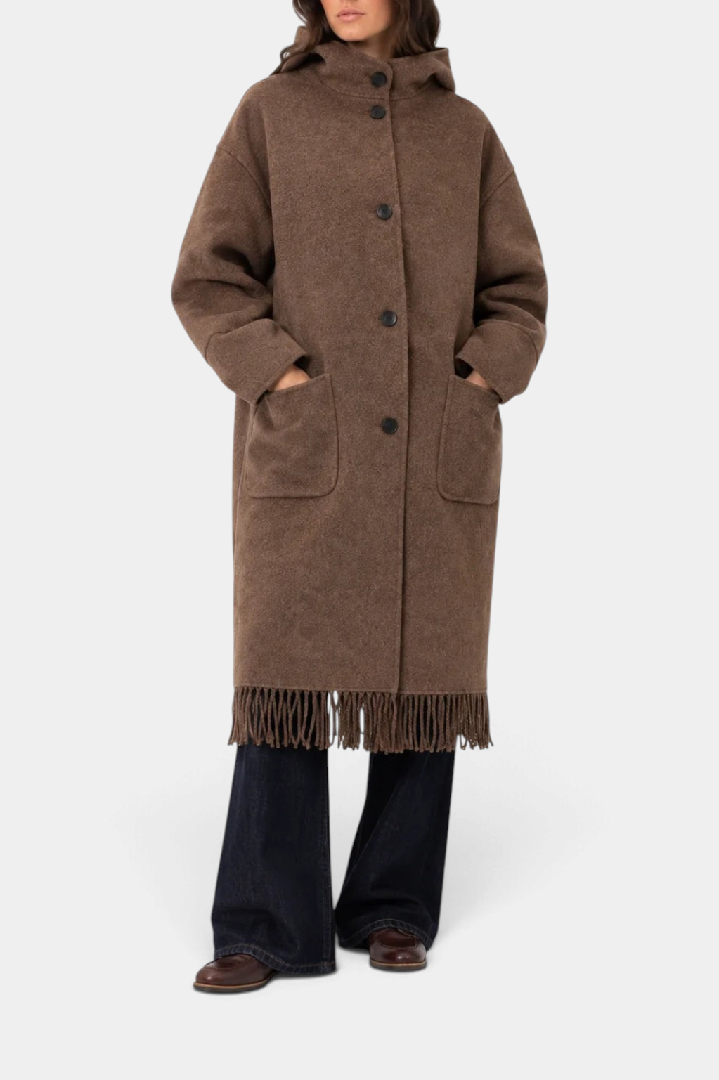 The Copper Shed nut brown wool hooded coat with front button closure, patch pockets, and a fringed hemline.