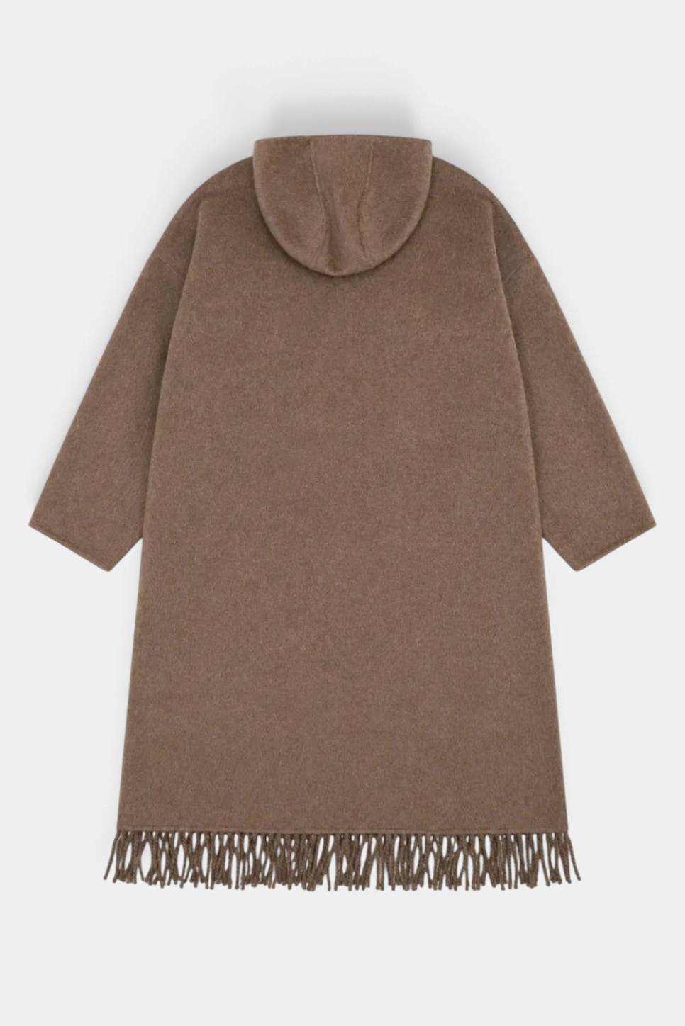 The Copper Shed nut brown wool hooded coat featuring a fringed hem, shown from the back.