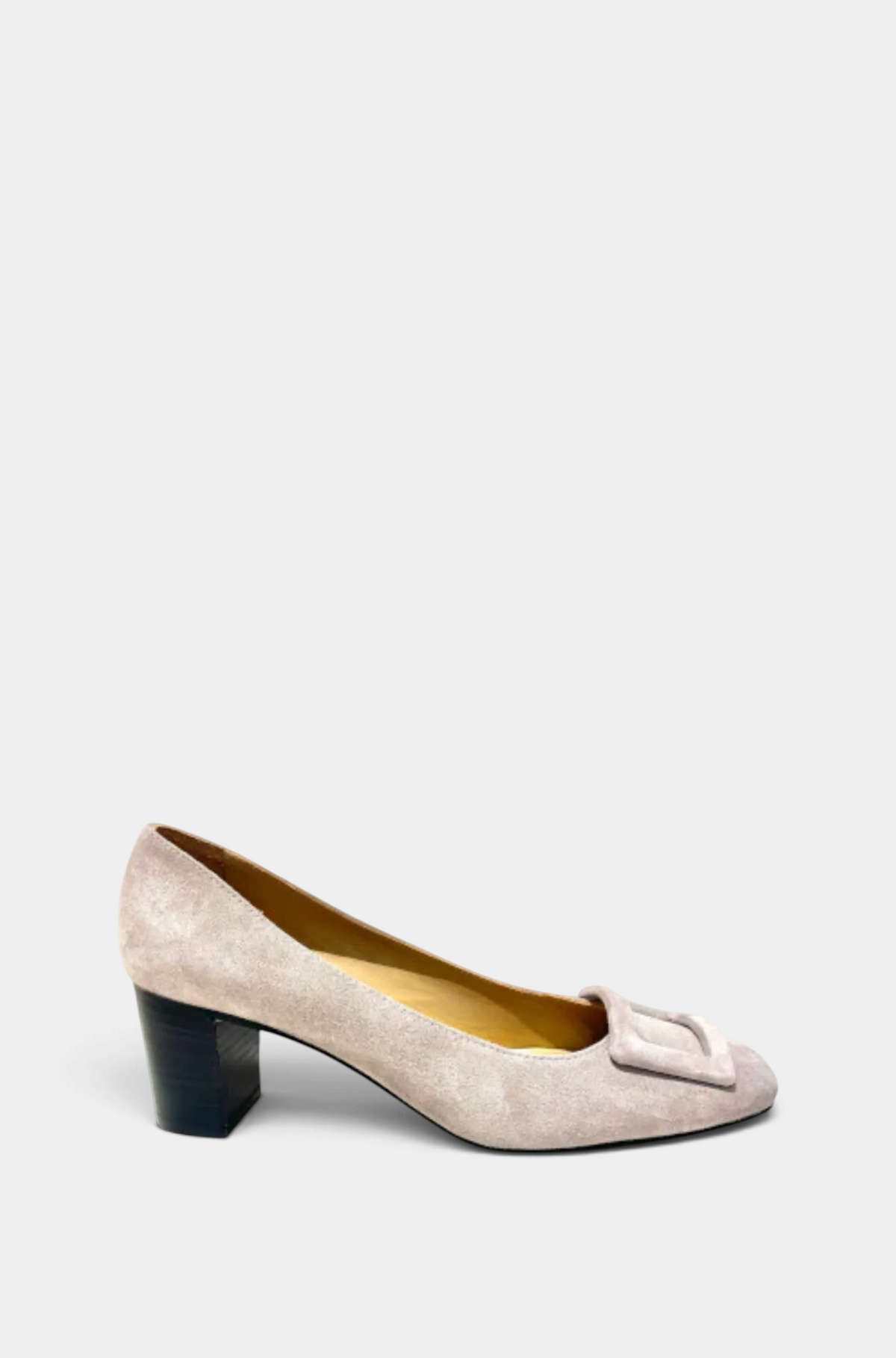 The Copper Shed Buckle Heel in light grey suede with a 2-inch stacked heel and matching covered buckle detail.