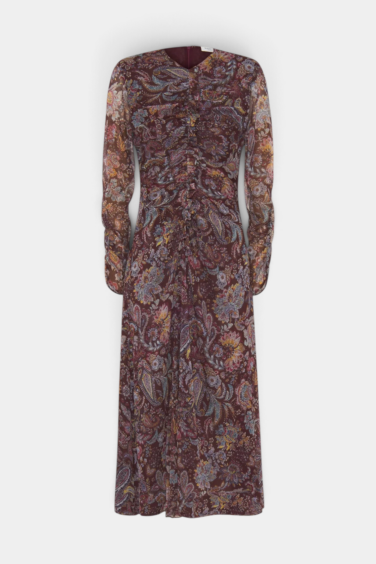 The Copper Shed burgundy crinkle chiffon midi dress with paisley print, V-neck, draped bodice, and long sleeves.