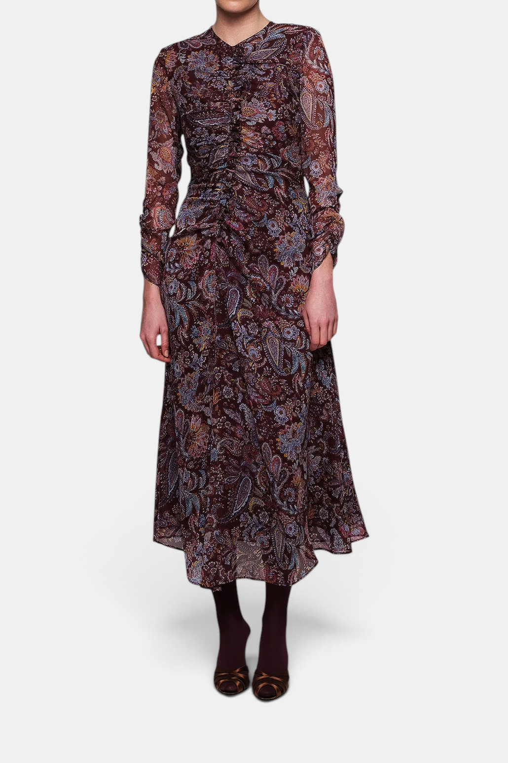 The Copper Shed burgundy crinkle chiffon midi dress with paisley print, draped bodice, and long gathered sleeves.