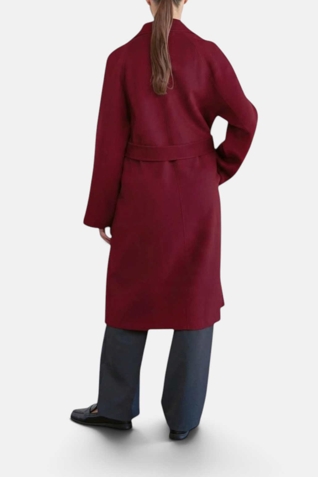 The Copper Shed Laura wrap coat in burgundy wool cashmere blend, full length with belted waist, back view.