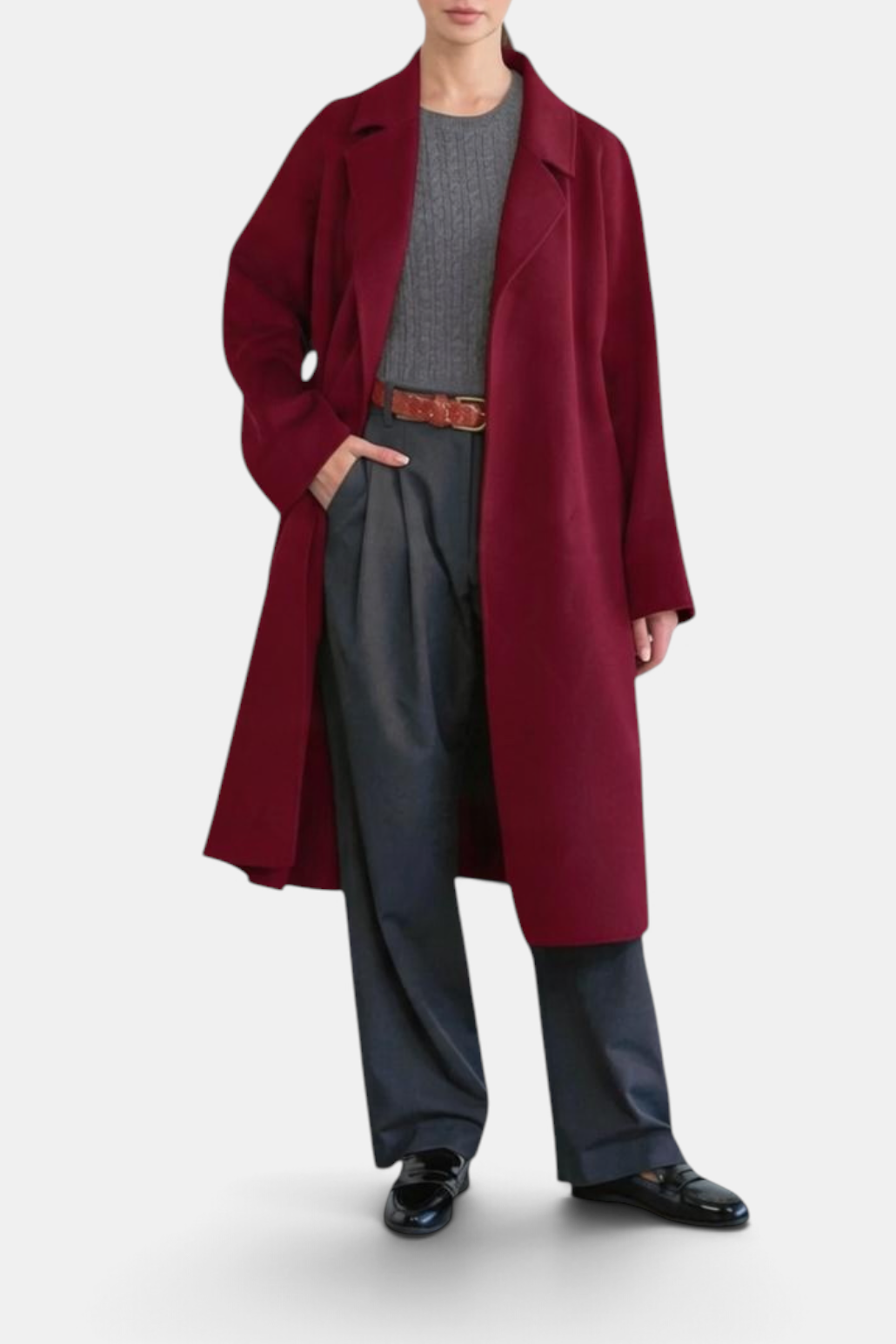 The Copper Shed Laura wrap coat in burgundy wool cashmere with a relaxed fit, notch lapels, and side pockets.