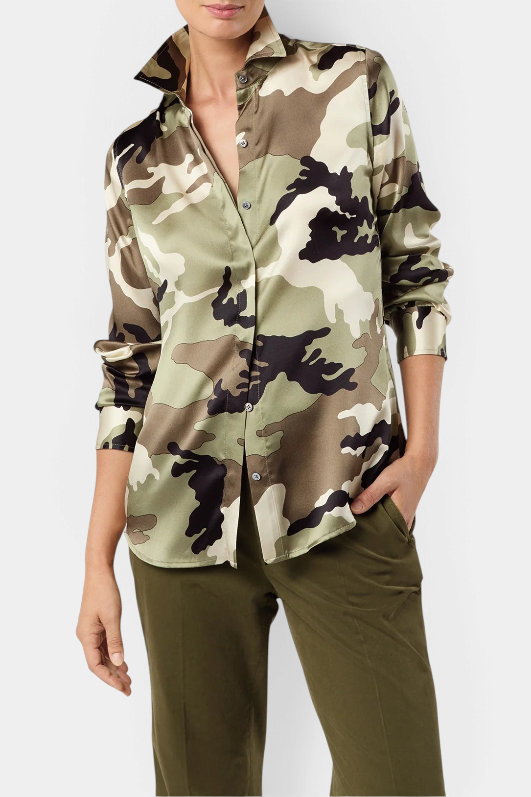 The Copper Shed classic blouse in camouflage print Italian silk charmeuse with a point collar and mother-of-pearl buttons