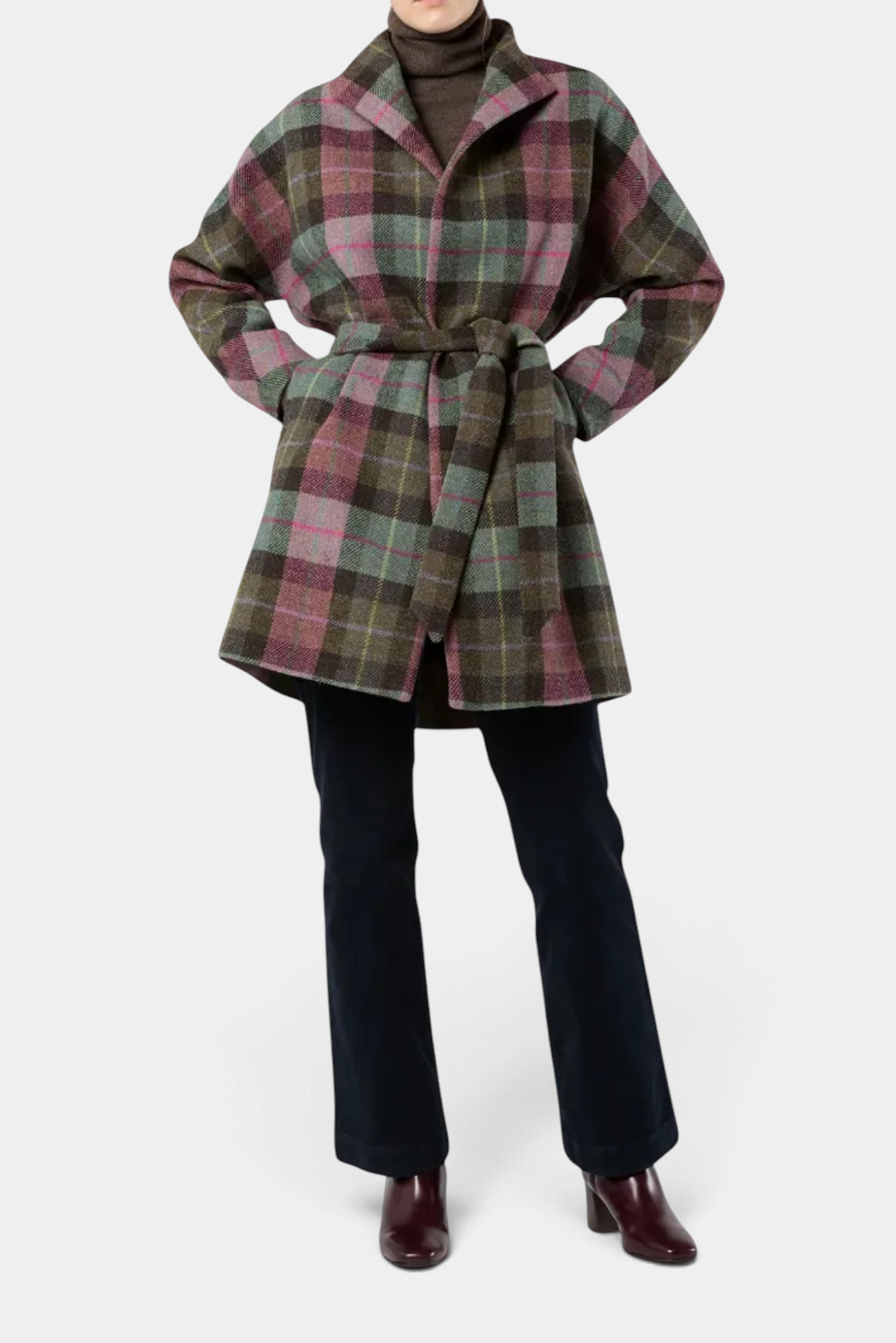 The Copper Shed Carina kimono wrap coat in green and pink plaid Harris Tweed with a self-tie belt and kimono sleeves.